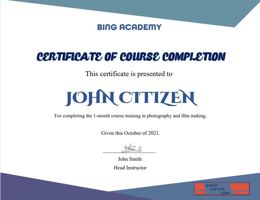 USA Course Completion certificate template in Word and PDF format